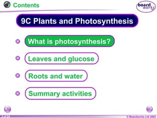 © Boardworks Ltd 20041 of 20 © Boardworks Ltd 20052 of 24
9C Plants and Photosynthesis
Contents
Leaves and glucose
Summary activities
Roots and water
What is photosynthesis?
 