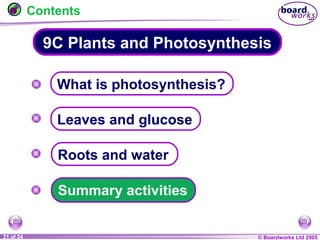 © Boardworks Ltd 20041 of 20 © Boardworks Ltd 200521 of 24
9C Plants and Photosynthesis
Contents
Leaves and glucose
Summary activities
Roots and water
What is photosynthesis?
 