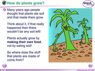 © Boardworks Ltd 20041 of 20 © Boardworks Ltd 20053 of 24
How do plants grow?
Many years ago people
thought that plants ate soil
and that made them grow.
Think about it, if that really
happened then there
wouldn’t be any soil left!
Plants actually grow by
making their own food,
not by eating soil!
So where does the stuff
that plants are made of
come from?
 