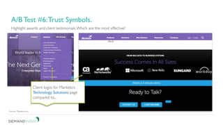 Be patient. Don’t short change your test.
3. A/B test for continuous improvement.
Highlight awards and client testimonials.Which are the most effective?
A/B Test #6:Trust Symbols.
Source: Marketo.com
Client logos for Marketo’s
Technology Solutions page
compared to...
 