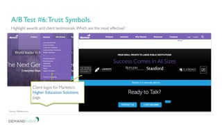 Be patient. Don’t short change your test.
3. A/B test for continuous improvement.
Highlight awards and client testimonials.Which are the most effective?
A/B Test #6:Trust Symbols.
Source: Marketo.com
Client logos for Marketo’s
Higher Education Solutions
page.
 