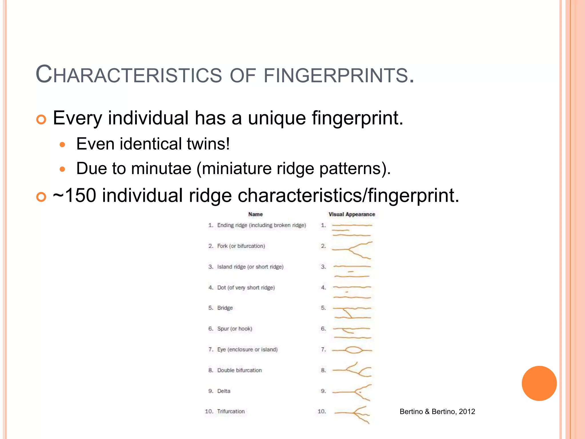 CHARACTERISTICS OF FINGERPRINTS.
 Every individual has a unique fingerprint.
 Even identical twins!
 Due to minutae (miniature ridge patterns).
 ~150 individual ridge characteristics/fingerprint.
Bertino & Bertino, 2012
 