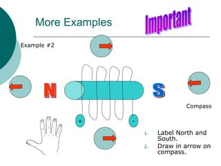 More Examples
1. Label North and
South.
2. Draw in arrow on
compass.
Example #2
-
+
Compass
 