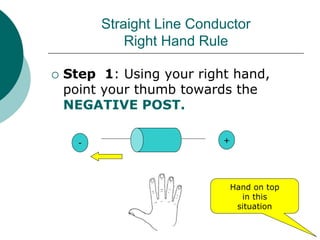  Step 1: Using your right hand,
point your thumb towards the
NEGATIVE POST.
Straight Line Conductor
Right Hand Rule
- +
Hand on top
in this
situation
 