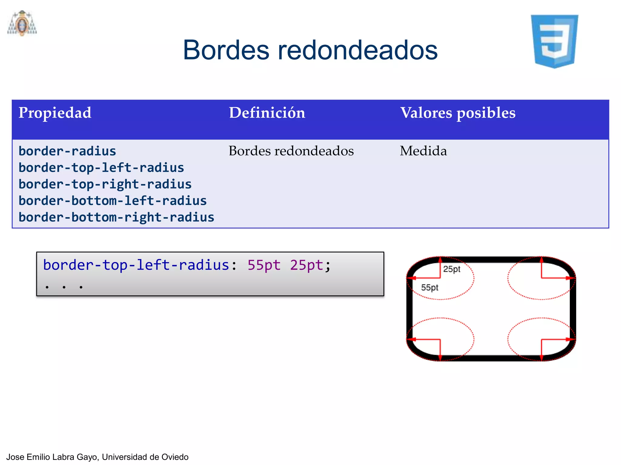 Bordes redondeados

   Propiedad                                    Definición           Valores posibles

   border-radius                                Bordes redondeados   Medida
   border-top-left-radius
   border-top-right-radius
   border-bottom-left-radius
   border-bottom-right-radius


         border-top-left-radius: 55pt 25pt;
         . . .




Jose Emilio Labra Gayo, Universidad de Oviedo
 