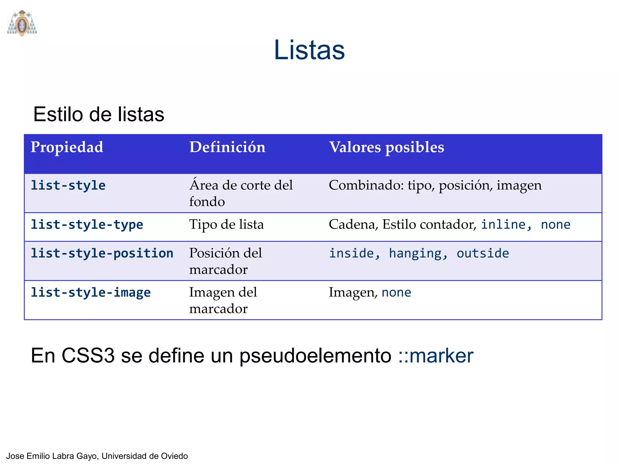 Listas

      Estilo de listas
      Propiedad                                 Definición          Valores posibles

      list-style                                Área de corte del   Combinado: tipo, posición, imagen
                                                fondo
      list-style-type                           Tipo de lista       Cadena, Estilo contador, inline, none

      list-style-position                       Posición del        inside, hanging, outside
                                                marcador
      list-style-image                          Imagen del          Imagen, none
                                                marcador


      En CSS3 se define un pseudoelemento ::marker



Jose Emilio Labra Gayo, Universidad de Oviedo
 