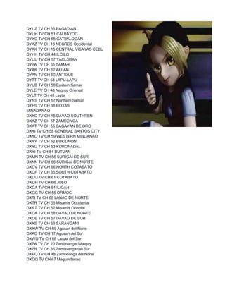 DYUZ TV CH 55 PAGADIAN 
DYUH TV CH 51 CALBAYOG 
DYXG TV CH 65 CATBALOGAN 
DYAZ TV CH 16 NEGROS Occidental 
DYAK TV CH 15 CENTRAL VISAYAS CEBU 
DYHH TV CH 44 ILOILO 
DYUU TV CH 57 TACLOBAN 
DYTA TV CH 55 SAMAR 
DYAK TV CH 52 AKLAN 
DYAN TV CH 50 ANTIQUE 
DYTT TV CH 58 LAPU-LAPU 
DYUB TV CH 58 Eastern Samar 
DYLE TV CH 48 Negros Oriental 
DYLT TV CH 48 Leyte 
DYNS TV CH 57 Northern Samar 
DYES TV CH 38 ROXAS 
MINADANAO 
DXXC TV CH 15 DAVAO SOUTHREN 
DXAZ TV CH 57 ZAMBONGA 
DXAT TV CH 55 CAGAYAN DE ORO 
DXYI TV CH 58 GENERAL SANTOS CITY 
DXYO TV CH 59 WESTERN MINDANAO 
DXYY TV CH 52 BUKIDNON 
DXYU TV CH 53 KORONADAL 
DXYI TV CH 54 BUTUAN 
DXMN TV CH 56 SURIGAI DE SUR 
DXNN TV CH 66 SURIGAI DE NORTE 
DXCV TV CH 66 NORTH COTABATO 
DXCF TV CH 65 SOUTH COTABATO 
DXCQ TV CH 61 COTABATO 
DXGH TV CH 68 JOLO 
DXGA TV CH 54 ILIGAN 
DXGG TV CH 55 ORMOC 
DXTI TV CH 68 LANAO DE NORTE 
DXTR TV CH 58 Misamis Occidental 
DXRT TV CH 52 Misamis Oriental 
DXDA TV CH 58 DAVAO DE NORTE 
DXDE TV CH 57 DAVAO DE SUR 
DXXS TV CH 59 SARANGANI 
DXXW TV CH 69 Agusan del Norte 
DXAG TV CH 17 Agusan del Sur 
DXWU TV CH 68 Lanao del Sur 
DXZA TV CH 20 Zamboanga Sibugay 
DXZB TV CH 35 Zamboanga del Sur 
DXPO TV CH 48 Zamboanga del Norte 
DXQQ TV CH 67 Maguindanao 
