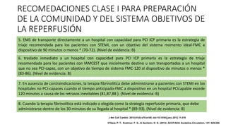 RECOMEDACIONES CLASE I PARA PREPARACIÓN
DE LA COMUNIDAD Y DEL SISTEMA OBJETIVOS DE
LA REPERFUSIÓN
5. EMS de transporte directamente a un hospital con capacidad para PCI ICP primaria es la estrategia de
triaje recomendada para los pacientes con STEMI, con un objetivo del sistema momento ideal-FMC a
dispositivo de 90 minutos o menos * (70-72). (Nivel de evidencia: B)
6. traslado inmediato a un hospital con capacidad para PCI ICP primaria es la estrategia de triaje
recomendada para los pacientes con IAMCEST que inicialmente destino u son transportados a un hospital
que no sea PCI-capaz, con un objetivo de tiempo de sistema FMC-120 al dispositivo de minutos o menos *
(83-86). (Nivel de evidencia: B)
7. En ausencia de contraindicaciones, la terapia fibrinolítica debe administrarse a pacientes con STEMI en los
hospitales no PCI-capaces cuando el tiempo anticipado-FMC a dispositivo en un hospital PCIcapable excede
120 minutos a causa de los retrasos inevitables (81,87,88 ). (Nivel de evidencia: B)
8. Cuando la terapia fibrinolítica está indicado o elegida como la strategia reperfusión primaria, que debe
administrarse dentro de los 30 minutos de su llegada al hospital * (89-93). (Nivel de evidencia: B)
J Am Coll Cardiol. 2013;61(4):e78-e140. doi:10.1016/j.jacc.2012.11.019
O'Gara, P. T., Kushner, F. G., & Ascheim, D. D. (2013). ACCF/AHA Guideline.Circulation, 127, 529-555.
 
