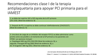Recomendaciones clase I de la terapia
antiplaquetaria para apoyar PCI primaria para el
IAMEST
1. se debe dar aspirina 162 a 325 mg antes de la ICP primaria
(251-253). (Nivel de evidencia: B)
2. Después de PCI, la aspirina se debe continuar indefinidamente (254255257).
(Nivel de evidencia: A)
3. Una dosis de carga de un inhibidor del receptor P2Y12 se debe administrar como
pronto como sea posible o al momento de la ICP primaria a los pacientes con
STEMI. Las opciones incluyen
a. Clopidogrel 600 mg (253.258.259) (Nivel de evidencia: B); o
segundo. Prasugrel 60 mg (260) (Nivel de evidencia: B); o
do. El ticagrelor 180 mg (261). (Nivel de evidencia: B)
J Am Coll Cardiol. 2013;61(4):e78-e140. doi:10.1016/j.jacc.2012.11.019
O'Gara, P. T., Kushner, F. G., & Ascheim, D. D. (2013). ACCF/AHA Guideline.Circulation, 127, 529-555.
 