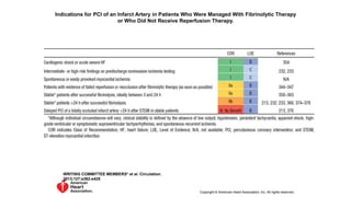 Indications for PCI of an Infarct Artery in Patients Who Were Managed With Fibrinolytic Therapy
or Who Did Not Receive Reperfusion Therapy.
WRITING COMMITTEE MEMBERS* et al. Circulation.
2013;127:e362-e425
Copyright © American Heart Association, Inc. All rights reserved.
 