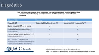 Diagnóstico
From: 2013 ACCF/AHA Guideline for the Management of ST-Elevation Myocardial Infarction: A Report of the
American College of Cardiology Foundation/American Heart Association Task Force on Practice
Guidelines
J Am Coll Cardiol. 2013;61(4):e78-e140. doi:10.1016/j.jacc.2012.11.019
O'Gara, P. T., Kushner, F. G., & Ascheim, D. D. (2013). ACCF/AHA Guideline.Circulation, 127, 529-555.
 