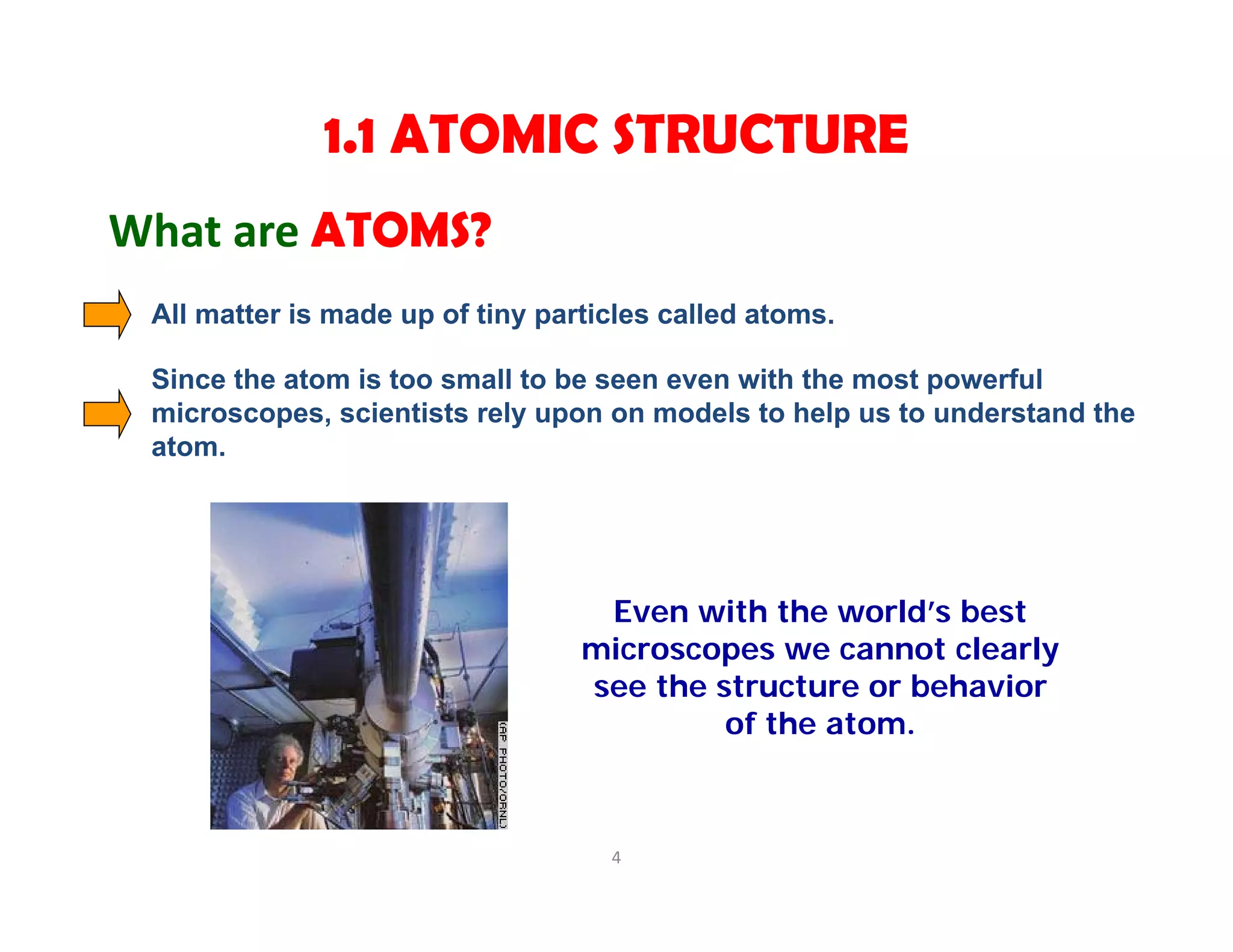 4
1.1 ATOMIC STRUCTURE
All matter is made up of tiny particles called atoms.
What are ATOMS?
Since the atom is too small to be seen even with the most powerful
microscopes, scientists rely upon on models to help us to understand the
atom.
Even with the world’s best
microscopes we cannot clearly
see the structure or behavior
of the atom.
 