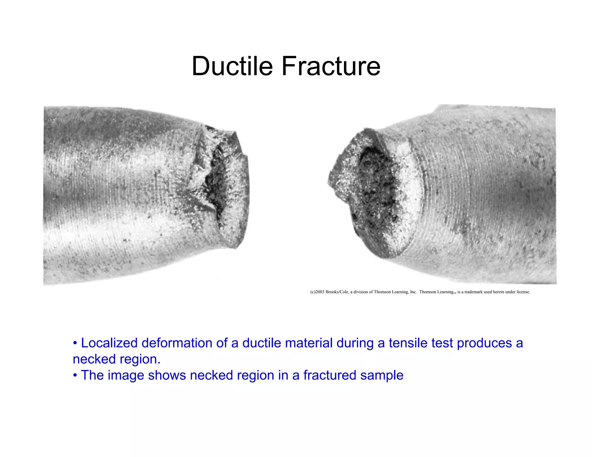 (c)2003 Brooks/Cole, a division of Thomson Learning, Inc. Thomson Learning™ is a trademark used herein under license.
• Localized deformation of a ductile material during a tensile test produces a
necked region.
• The image shows necked region in a fractured sample
Ductile Fracture
 