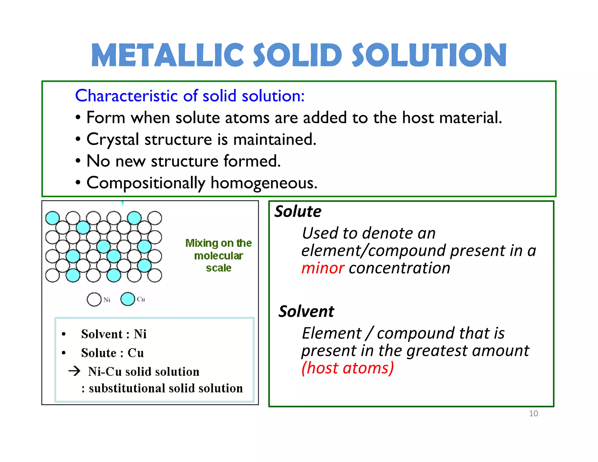 10
Characteristic of solid solution:
• Form when solute atoms are added to the host material.
• Crystal structure is maintained.
• No new structure formed.
• Compositionally homogeneous.
Solute
Used to denote an 
element/compound present in a 
minor concentration
Solvent
Element / compound that is 
present in the greatest amount 
(host atoms)
METALLIC SOLID SOLUTION
 