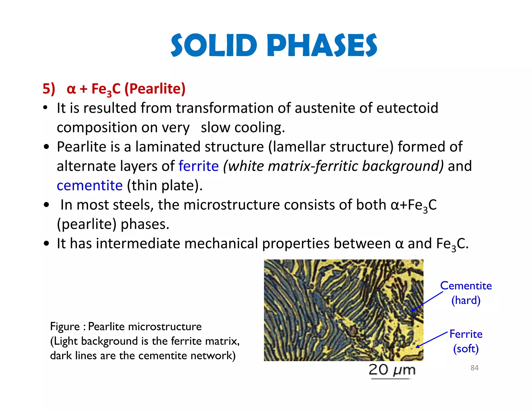 84
5) α + Fe3C (Pearlite)
• It is resulted from transformation of austenite of eutectoid 
composition on very   slow cooling. 
• Pearlite is a laminated structure (lamellar structure) formed of 
alternate layers of ferrite (white matrix‐ferritic background) and
cementite (thin plate). 
• In most steels, the microstructure consists of both α+Fe3C 
(pearlite) phases.
• It has intermediate mechanical properties between α and Fe3C. 
Cementite
(hard)
Ferrite
(soft)
Figure : Pearlite microstructure
(Light background is the ferrite matrix,
dark lines are the cementite network)
SOLID PHASES
 