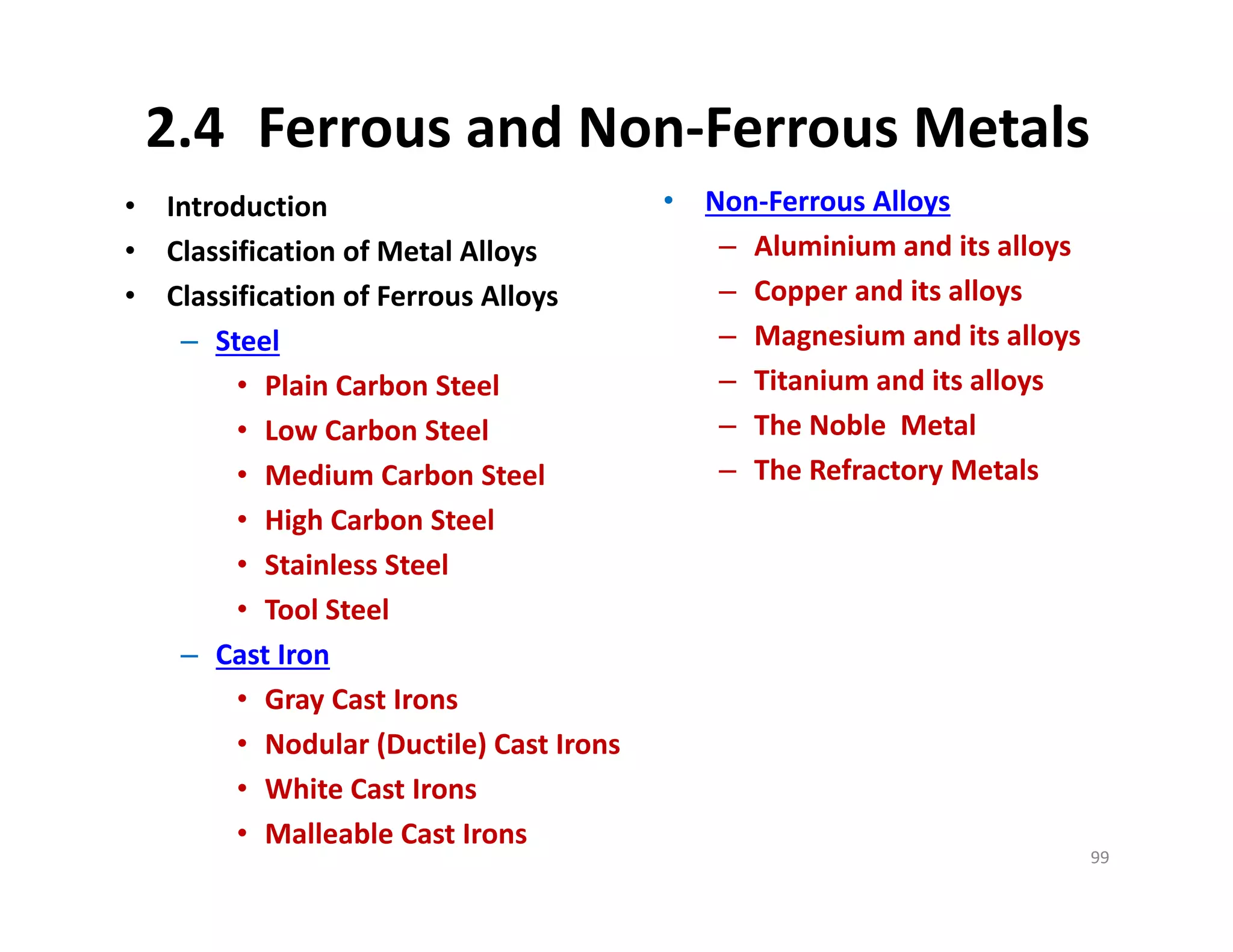 2.4 Ferrous and Non‐Ferrous Metals
• Introduction
• Classification of Metal Alloys
• Classification of Ferrous Alloys
– Steel
• Plain Carbon Steel
• Low Carbon Steel
• Medium Carbon Steel
• High Carbon Steel
• Stainless Steel
• Tool Steel
– Cast Iron
• Gray Cast Irons
• Nodular (Ductile) Cast Irons
• White Cast Irons
• Malleable Cast Irons
99
• Non‐Ferrous Alloys
– Aluminium and its alloys
– Copper and its alloys
– Magnesium and its alloys
– Titanium and its alloys
– The Noble  Metal
– The Refractory Metals
 