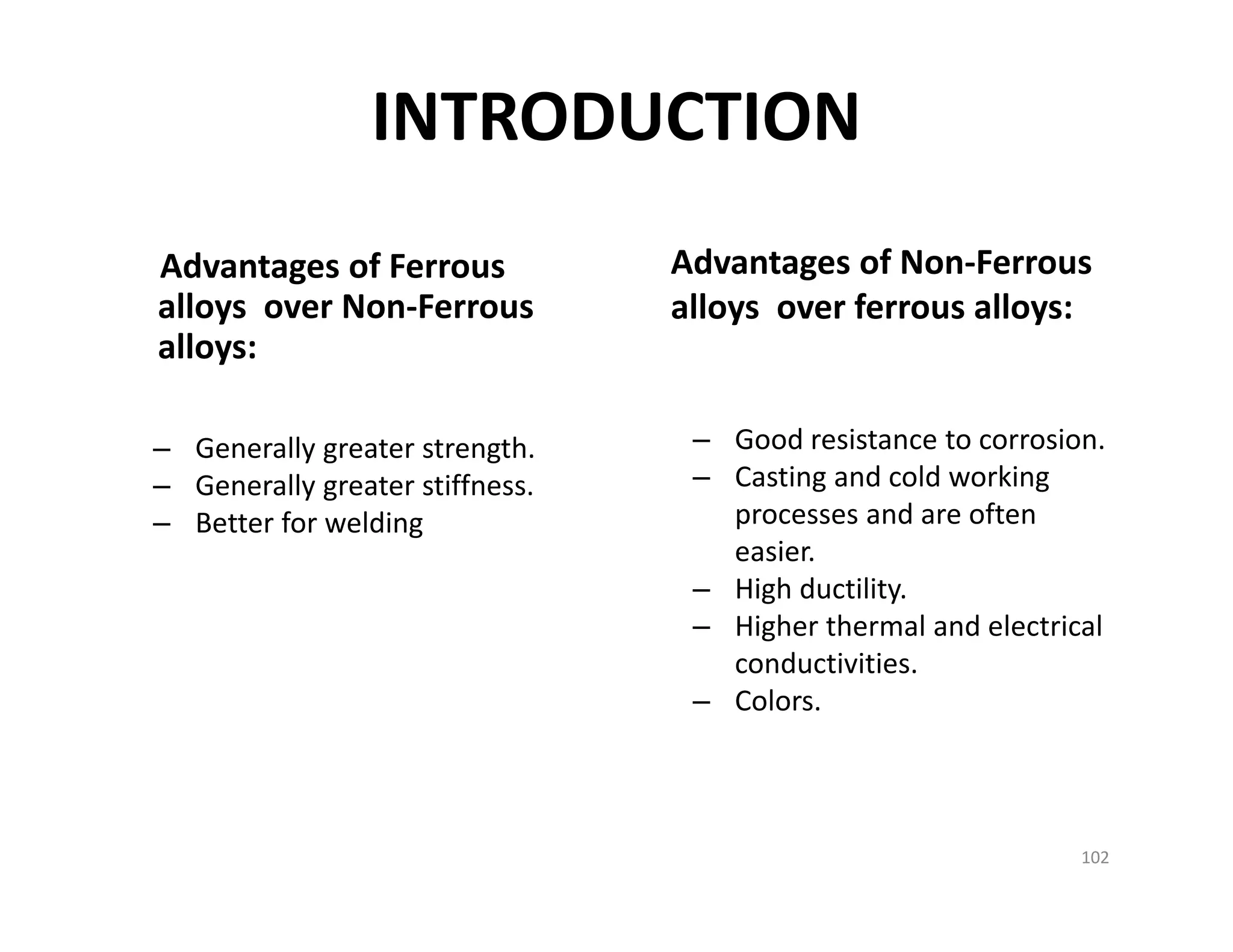 INTRODUCTION
Advantages of Ferrous 
alloys  over Non‐Ferrous 
alloys:
Advantages of Non‐Ferrous 
alloys  over ferrous alloys:
– Generally greater strength.
– Generally greater stiffness.
– Better for welding
– Good resistance to corrosion.
– Casting and cold working 
processes and are often 
easier.
– High ductility.
– Higher thermal and electrical 
conductivities.
– Colors.
102
 