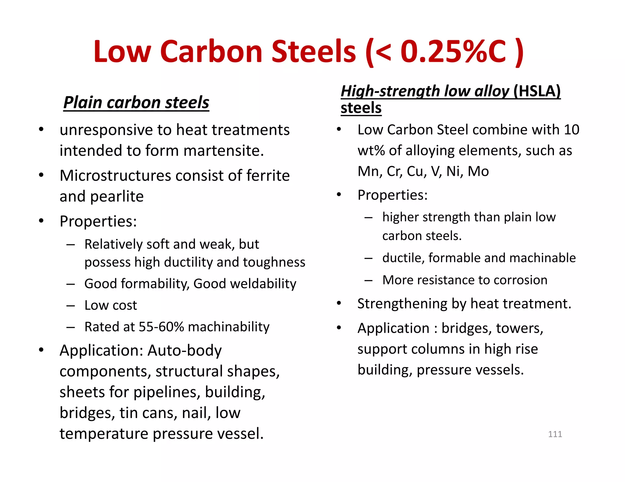 Low Carbon Steels (< 0.25%C )
Plain carbon steels
• unresponsive to heat treatments 
intended to form martensite.
• Microstructures consist of ferrite 
and pearlite
• Properties:
– Relatively soft and weak, but 
possess high ductility and toughness
– Good formability, Good weldability
– Low cost
– Rated at 55‐60% machinability
• Application: Auto‐body 
components, structural shapes, 
sheets for pipelines, building, 
bridges, tin cans, nail, low 
temperature pressure vessel.
High‐strength low alloy (HSLA) 
steels
• Low Carbon Steel combine with 10 
wt% of alloying elements, such as 
Mn, Cr, Cu, V, Ni, Mo
• Properties:
– higher strength than plain low 
carbon steels.
– ductile, formable and machinable
– More resistance to corrosion
• Strengthening by heat treatment.
• Application : bridges, towers, 
support columns in high rise 
building, pressure vessels.
111
 