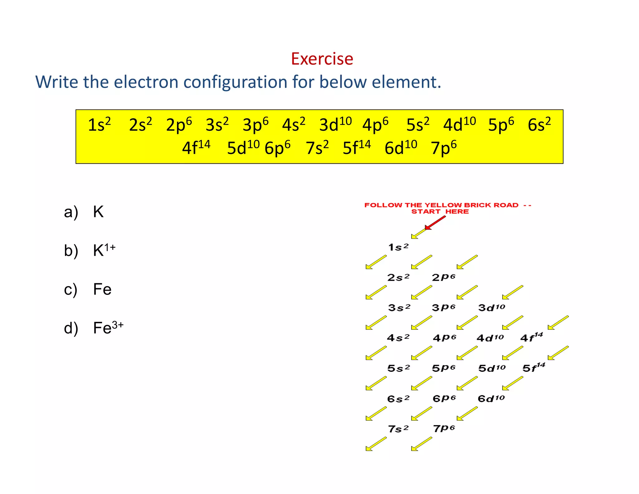 Exercise
Write the electron configuration for below element.
a) K
b) K1+
c) Fe
d) Fe3+
1s2 2s2    2p6    3s2    3p6    4s2    3d10   4p6 5s2    4d10    5p6    6s2   
4f14     5d10 6p6     7s2    5f14    6d10 7p6
 