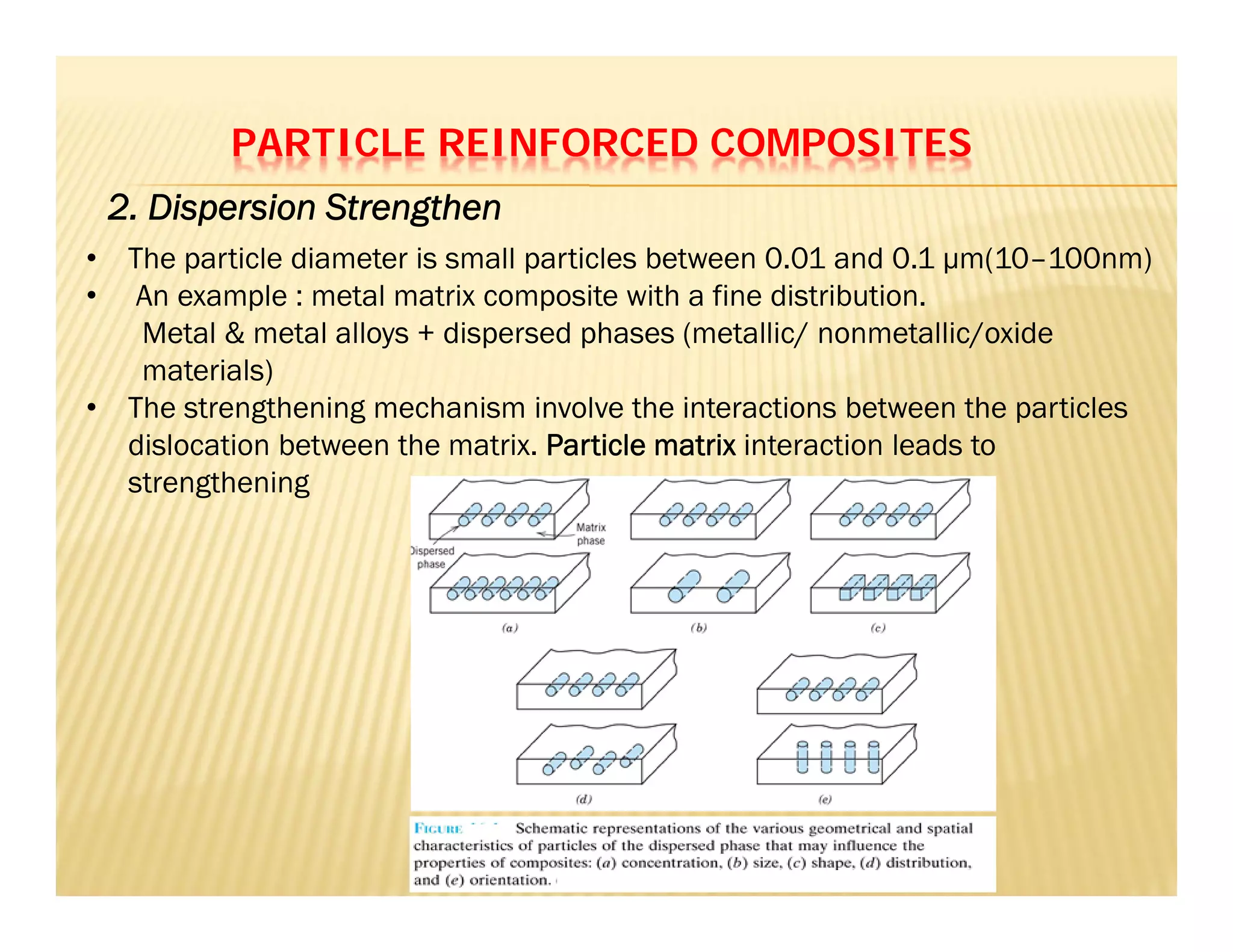 PARTICLE REINFORCED COMPOSITES
• The particle diameter is small particles between 0.01 and 0.1 μm(10–100nm)
• An example : metal matrix composite with a fine distribution.
Metal & metal alloys + dispersed phases (metallic/ nonmetallic/oxide
materials)
• The strengthening mechanism involve the interactions between the particles
dislocation between the matrix. Particle matrix interaction leads to
strengthening
2. Dispersion Strengthen
 