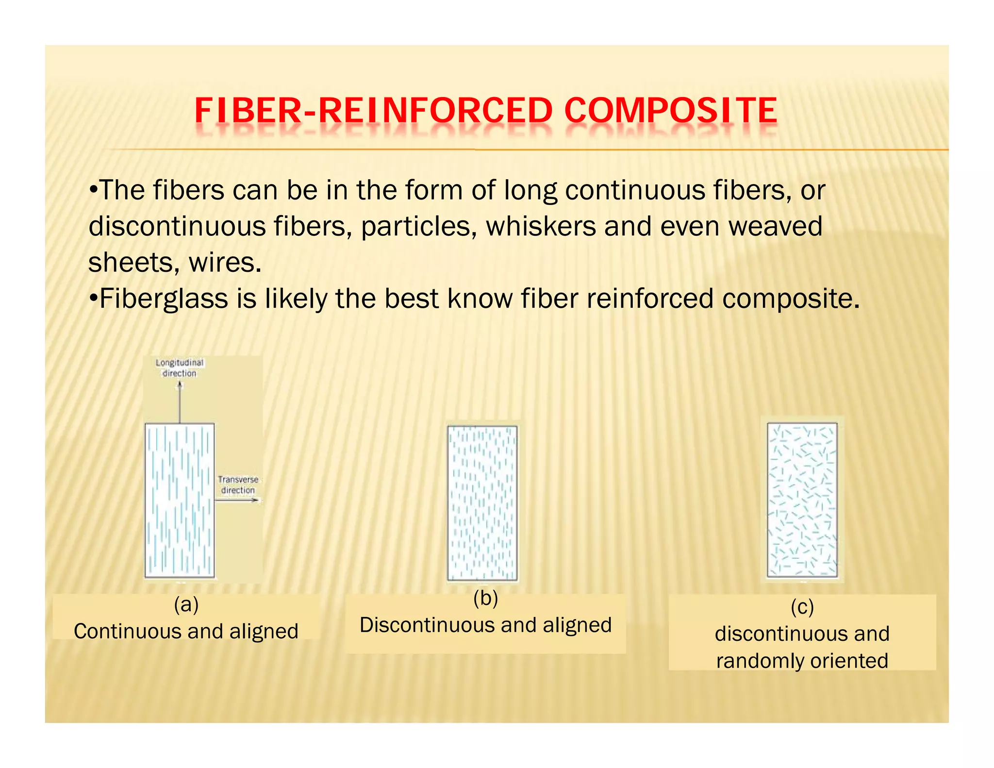 FIBER-REINFORCED COMPOSITE
•The fibers can be in the form of long continuous fibers, or
discontinuous fibers, particles, whiskers and even weaved
sheets, wires.
•Fiberglass is likely the best know fiber reinforced composite.
(a)
Continuous and aligned
(b)
Discontinuous and aligned
(c)
discontinuous and
randomly oriented
 