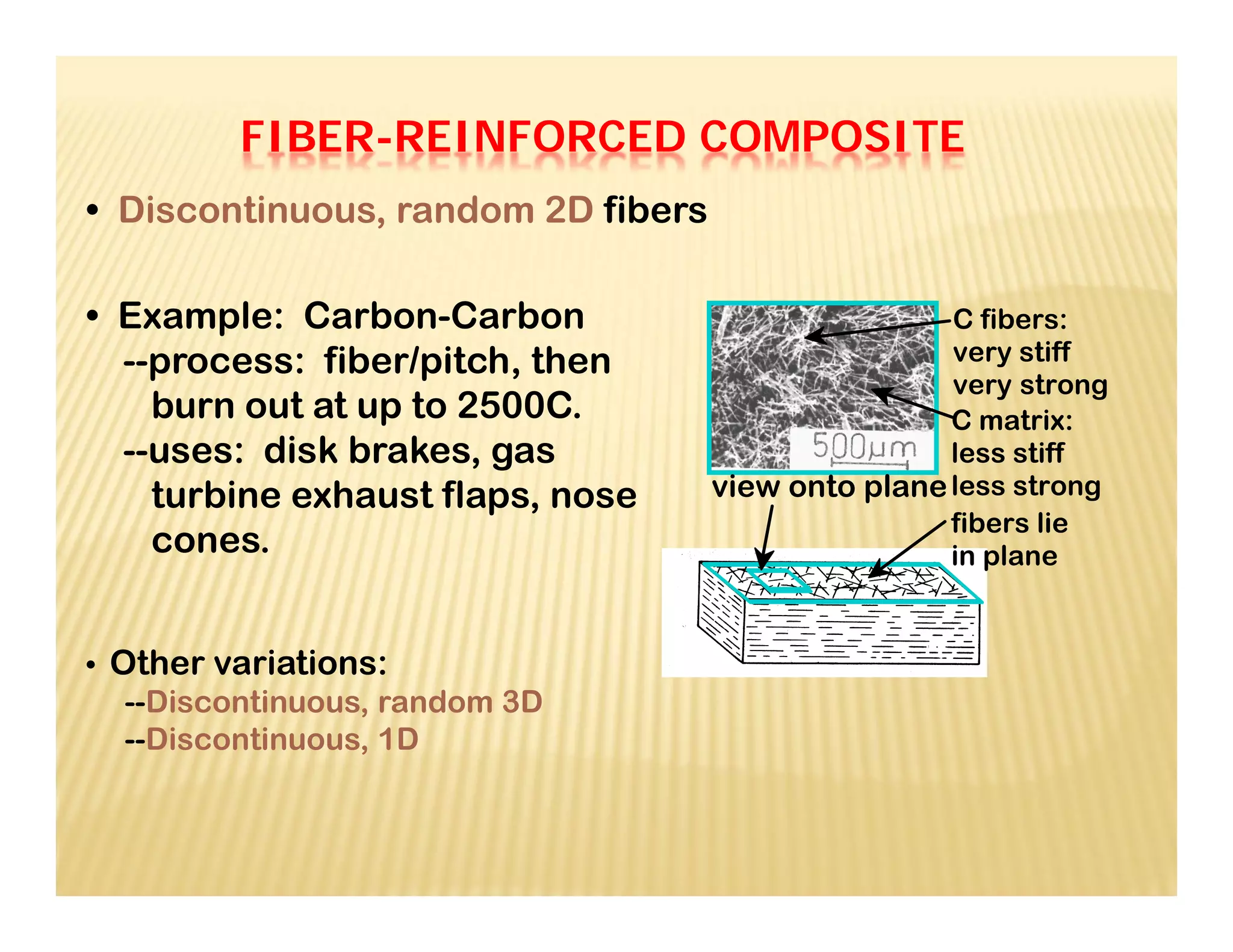 • Discontinuous, random 2D fibers
• Example: Carbon-Carbon
--process: fiber/pitch, then
burn out at up to 2500C.
--uses: disk brakes, gas
turbine exhaust flaps, nose
cones.
• Other variations:
--Discontinuous, random 3D
--Discontinuous, 1D
fibers lie
in plane
view onto plane
C fibers:
very stiff
very strong
C matrix:
less stiff
less strong
FIBER-REINFORCED COMPOSITE
 