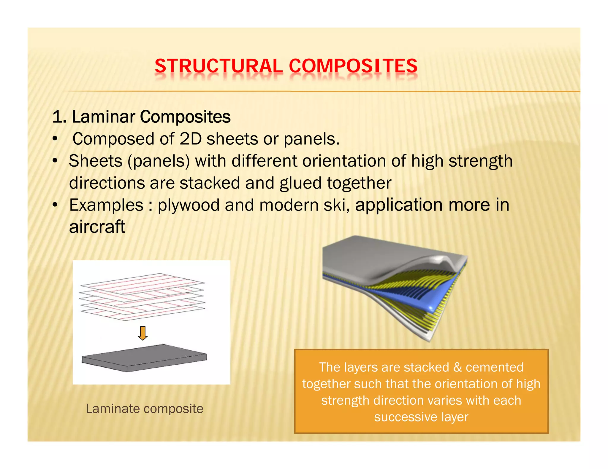 STRUCTURAL COMPOSITES
Laminate composite
1. Laminar Composites
• Composed of 2D sheets or panels.
• Sheets (panels) with different orientation of high strength
directions are stacked and glued together
• Examples : plywood and modern ski, application more in
aircraft
The layers are stacked & cemented
together such that the orientation of high
strength direction varies with each
successive layer
 