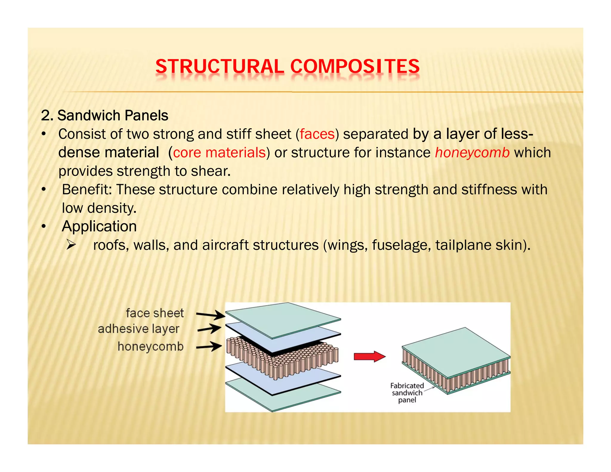 STRUCTURAL COMPOSITES
2. Sandwich Panels
• Consist of two strong and stiff sheet (faces) separated by a layer of less-
dense material (core materials) or structure for instance honeycomb which
provides strength to shear.
• Benefit: These structure combine relatively high strength and stiffness with
low density.
• Application
 roofs, walls, and aircraft structures (wings, fuselage, tailplane skin).
 