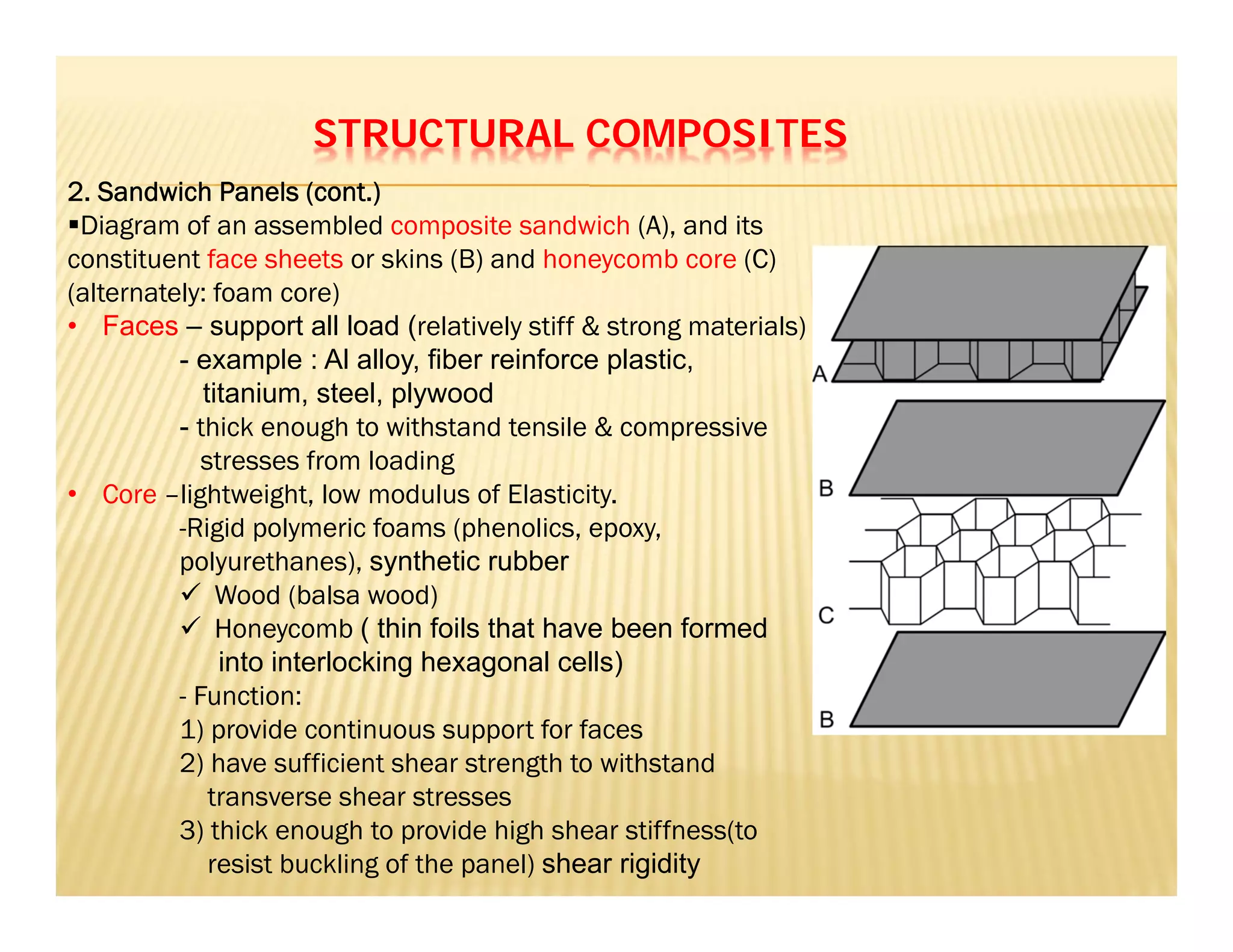 STRUCTURAL COMPOSITES
2. Sandwich Panels (cont.)
Diagram of an assembled composite sandwich (A), and its
constituent face sheets or skins (B) and honeycomb core (C)
(alternately: foam core)
• Faces – support all load (relatively stiff & strong materials)
- example : Al alloy, fiber reinforce plastic,
titanium, steel, plywood
- thick enough to withstand tensile & compressive
stresses from loading
• Core –lightweight, low modulus of Elasticity.
-Rigid polymeric foams (phenolics, epoxy,
polyurethanes), synthetic rubber
 Wood (balsa wood)
 Honeycomb ( thin foils that have been formed
into interlocking hexagonal cells)
- Function:
1) provide continuous support for faces
2) have sufficient shear strength to withstand
transverse shear stresses
3) thick enough to provide high shear stiffness(to
resist buckling of the panel) shear rigidity
 