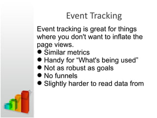 Event Tracking Event tracking is great for things where you don't want to inflate the page views.  Similar metrics Handy for “What's being used”  Not as robust as goals No funnels Slightly harder to read data from  