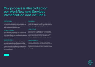 INSPECTION
A full survey is conducted into the suitability of
our techniques, to establish how your media will
respond to treatment and transfer before even
begin attempting restorative work.
FILM CLEANING
Using ultrasonic technologies, the surface of the
film is carefully freed from foreign particles and
build ups of material that compromises the quality
and picture of the film.
DIGITISATION
We use the industry leading Scanity HDR system
to transfer all film formats into digital archives.
With unique functionality that manages degraded,
irregular and even damaged film, this equipment
offers the highest quality transfer technology
currently available.
GRADING
Using the Nucoda Grading system, we are able to
ingest any file format up to 4K and grade frame by
frame then output again to any file format.
ARCHIVING
R3store is able to supply you with restored digital
footage in your preferred format, fully catalogued,
indexed and appropriately labelled to aid simple
future retrievals. This includes uploading onto
different digital formats and protected deliveries.
ACCESSIBILITY
With the wide variety of internet attached and
cloud based storage, we can best advise on how to
present the restored media to a wider audience,
turning your archive into a more accessible archive
of history.
Our process is illustrated on
our Workflow and Services
Presentation and includes:
 