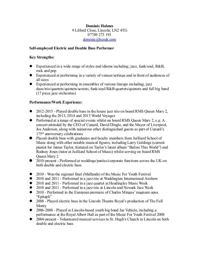 dominic holmes bass performer cv performa of cv