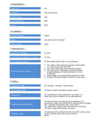 3- Qualifications :-
General Q.K:- B.S
Q. Section:- Electromechanically
Education Level:- High
;
Date of Final result 1992
Degree Good
4- Language :-
Business language :- English
Degree very good command of English
Origin language :- Arabic
5- Business Info, :-
Total General Experience 23 Years
Total Experience in Distribution & Logistics 14 Years
Total Experience in others 09 Years divided to [2y in sales - 6y in contracting].
;
Business experience locations
1- From 1994 to 1996 Warehouse Supervisor with El Rashid
Co. [Auto motive spare parts] KSA.
2- From 1997 to 2005 privet works with M.G Co Egypt.
3- From 2005 to 2012 Warehouses- Distribution Centers
& logistics Manager with United Electronics Co.’ Extra ‘
In retile filled.
4- Sales manager at star metal factory in Dammam to 2013.
5- Currently Compound Manager with Mashco, Group Jubail.
6- Skills :-
Interpersonal skills. PC- AutoCAD - Primavera - Driving license
Administrative skills. Full ability to provide outstanding customer service.
Selling skills. full understanding for sales requirements and convert it to
supply chain forces & motivation for the sales operations
;
Planning and organizing skills.
Full ability to provide the needed planes to development the
business from supply chain self view which matching with the company
view - managing the employees skills - work process
- SC internal rolls - builds SC SOP's and SC vision which drives
The team to support the company main vision.
Managerial skills.
Full ability to provide outstanding for team and self for company vision -
mission - Business plans, work needs & customer
Service.
 