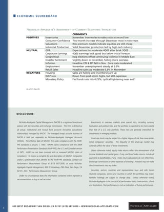 4
600 WEST BROADWAY SAN DIEGO, CA 92101 (619) 687-8000 • WWW.NICHOLAS-APPLEGATE.COM
DISCLOSURE:
Nicholas-Applegate Capital Management (NACM) is a registered investment
advisor with the Securities and Exchange Commission. The Firm is defined as
all actual, institutional and mutual fund accounts (including sub-advisory
relationships) managed by NACM. The managed (wrap) account business of
NACM is held out separately as Nicholas-Applegate Managed Accounts
(NAMA). The effective date of NACM’s firm-wide compliance with the AIMR-
PPS standards is January 1, 1993. NACM claims compliance with the AIMR
Performance Presentation Standards (AIMR-PPS), the U.S. and Canadian version
of GIPS. AIMR has not been involved with or reviewed NACM’s claim of
compliance. To receive a complete list and description of NACM’s composites
and/or a presentation that adheres to the AIMR-PPS standards, contact our
Performance Measurement Group at (619) 687-2800, or write Nicholas-
Applegate Capital Management, 600 W. Broadway, 29th Floor, San Diego, CA
92101, Attn: Performance Measurement Group.
Under no circumstances does the information contained within represent a
recommendation to buy or sell securities.
Investments in overseas markets pose special risks, including currency
fluctuation and political risks, and the portfolio is expected to be more volatile
than that of a U.S. only portfolio. These risks are generally intensified for
investments in emerging markets.
Small-cap stocks may be subject to a higher degree of risk than more estab-
lished companies’ securities. The illiquidity of the small-cap market may
adversely affect the value of these investments.
Unless otherwise noted, equity index returns reflect the reinvestment of all
income dividends and capital gains, if any, and bond index returns include all
payments to bondholders, if any. Index return calculations do not reflect fees,
brokerage commissions or other expenses of investing. Investors may not make
direct investments into any index.
Securities, sectors, countries and representative buys and sells herein
illustrate companies, sectors and countries in which the portfolios may invest.
Portfolio holdings are subject to change daily. Unless otherwise noted,
Nicholas-Applegate is the source of all performance data, characteristics, charts
and illustrations. Past performance is not an indication of future performance.
ECONOMIC SCOREBOARD
COMMENTS
POSITIVES Inventories November inventories-to-sales ratio at record low
Consumer Confidence Two-month increase through December most in two years
Valuations Risk premium models indicate equities are still cheap
Industrial Production Solid November production led by high-tech industry
NEUTRAL GDP Expectations for moderate 4Q05 after brisk 3Q05
Corporate Earnings 4Q05 earnings look good but below initial forecast
Geopolitical Iraq elections offset continuing violence in Middle East
Investor Sentiment Slightly down in December, falling more overseas
Inflation Headline CPI & PPI fell in Nov. Core stats moderated
Employment November unemployment steady at 5.0%
Retail Sales Headline sales up moderate 0.3% in November
NEGATIVES Housing Sales are falling and inventories are up
Oil Prices Down from post-storm highs, but still expensive
Monetary Policy Fed funds rate hits 4.25%; cyclical tightening near end?
As of 31-Dec-05
Nicholas-Applegate’s Assessment of Current Economic Indicators
 
