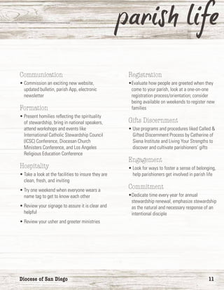 Diocese of San Diego	 11
Communication
• Commission an exciting new website,
updated bulletin, parish App, electronic
newsletter
Formation
• Present homilies reflecting the spirituality
of stewardship, bring in national speakers,
attend workshops and events like
International Catholic Stewardship Council
(ICSC) Conference, Diocesan Church
Ministers Conference, and Los Angeles
Religious Education Conference
Hospitality
• Take a look at the facilities to insure they are
clean, fresh, and inviting
• Try one weekend when everyone wears a
name tag to get to know each other
• Review your signage to assure it is clear and
helpful
• Review your usher and greeter ministries
Registration
•Evaluate how people are greeted when they
come to your parish, look at a one-on-one
registration process/orientation; consider
being available on weekends to register new
families
Gifts Discernment
• Use programs and procedures liked Called 
Gifted Discernment Process by Catherine of
Siena Institute and Living Your Strengths to
discover and cultivate parishioners’ gifts
Engagement
• Look for ways to foster a sense of belonging,
help parishioners get involved in parish life
Commitment
•Dedicate time every year for annual
stewardship renewal, emphasize stewardship
as the natural and necessary response of an
intentional disciple
 
