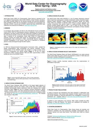 1. INTRODUCTION
World Data Center (WDC) for Oceanography, Silver Spring is operated by the
U.S. National Oceanographic Data Center (NODC), Ocean Climate Laboratory,
and NODC provides support for all required scientific and technical operations.
Data submitted to WDC that are amenable to processing and incorporation into
data files at NODC become part of NODC’s global data base. NODC/WDC data
collections and products are available at: www.nodc.noaa.gov/O5.
2. MISSION
In accordance with principles set forth by the International Council of Scientific
Unions (ICSU), WDC for Oceanography acquires, catalogues, and archives data,
publications, and data inventory forms and makes them available to requesters in
the international scientific community. WDC for Oceanography provides copies of
data it receives to its counterparts, World Data Center for Oceanography
(Obninsk, Russia) and World Data Center for Oceanography (Tianjin, China).
Oceanographic data contributed to WDC automatically become available to
scientific investigators in any country. There are no restrictions or limitations
placed on data exchanged through the WDC System.
3. DATA
In 1993 the Intergovernmental Oceanographic Commission (IOC) initiated the
Global Oceanographic Data Archaeology and Rescue (GODAR) Project.
Implementation of the GODAR project has resulted in a large increase of the
number of temperature and salinity profiles (Figure 1). Of the 4.5 million
temperature profiles increase between 1993 and 2005, approximately 3 million
profiles are due to the GODAR Project.
Figure 1. Growth of the NODC data archives. Of the 4.5 million temperature
profiles increase in 1993 and 2005, approximately 3 million profiles are due to
the GODAR Project.
NODC 1974
1.49
NODC 1991
2.54
WOA94
4.49
WOD98
5.29
WOD05
7.90
WOD01
7.04
0.40
1.28 1.48
2.12
2.64
0
1
2
3
4
5
6
7
8
9
1970 1974 1978 1982 1986 1990 1994 1998 2002 2006
Year
#ofProfiles(millions)
Temperature Profiles
Salinity Profiles
4. WORLD OCEAN DATABASE 2005
The World Ocean Database 2005 (WOD05) is the largest digital collection of
quality-controlled historical and modern ocean profile data (1772-2005) made
available internationally without restrictions. Data and metadata from multiple
instrument types (Figure 2) and 25 variables including temperature, salinity,
oxygen, nutrients, carbon, and other biochemical tracers are stored in WOD05.
The data are derived from U.S. and international sources and is available on DVD
and on-line at www.nodc.noaa.gov/OC5/WOD05/pr_wod05.html. The WOD05
was released in May 2006.
Figure 2. Temporal distribution of data, by instrument, in the WOD05.
7. PRODUCTS AND PUBLICATIONS
A variety of products and publications have been prepared in collaboration with
international partners. They present data analyses of select regions of the world
and provide metadata on historical observations and investigations. Products and
publications are available online at: www.nodc.noaa.gov/OC5/indprod.html and
www.nodc.noaa.gov/OC5/indpubhtml.
In addition to joint publications and products, WDC makes available the WDC
Catalogue of Data and Reports. The reports and catalogues are available at:
www.nodc.noaa.gov/General/NODC-dataexch/.
5. WORLD OCEAN ATLAS 2005
The World Ocean Atlas 2005 (WOA05) is a set of gridded objectively analyzed
fields of eight key oceanographic variables: temperature, salinity, dissolved oxygen,
apparent oxygen utilization, oxygen saturation, phosphate, silicate, and nitrate.
These fields are available at standard depth levels for annual, seasonal, and
monthly compositing time periods based on quality-controlled WOD05 data.
WOA05 includes gridded fields on both 1° and 5° grids as well as maps that
illustrate the climatological large-scale distribution and statistics of these variables
(Figure 3). WOA05 is available at:
www.nodc.noaa.gov/OC5/WOA05/woa05data.html.
6. WORLD OCEAN DATABASE SELECT AND SEARCH
The World Ocean Database Select and Search (WODselect) is an online retrieval
system which allows the user to search and download a subset of WOD data and
associated metadata. WODselect is accessible at
www.nodc.noaa.gov/OC5/SELECT/dbsearch/dbsearch.html.
Figure 4 shows monthly download statistics since the implementation of
WODselect in April 2003.
Figure 3. Climatological summer (Jul-Sep) maps at 150 m depth: left, temperature [°C];
right salinity [PSS].
Figure 4. Monthly distribution of the total number of ocean stations downloaded
from WODselect. Inset shows download statistics for year 2007 (Jan thru early
Jun).
World Data Center for Oceanography
Silver Spring - USA
Daphne Johnson and Sydney Levitus
NOAA1/NESDIS2/National Oceanographic Data Center
www.nodc.noaa.gov/OC5/
WOD01
0
10
20
30
40
50
60
70
80
90
100
Apr-03 Apr-04 Apr-05 Apr-06 Apr-07
Month-Year
WOD05
#Stationsdownloaded(106)
WODselect downloads in 2007 (Jan – early
Jun)
Total # of Queries: 24,193
# of Extractions: 4,330
# of Stations Extracted: 637.9 million
8. ACKNOWLEDGEMENTS
World Data Center for Oceanography, Silver Spring thanks all scientists and
institutions worldwide who have generously submitted oceanographic data to
regional, national, and world data centers. Their efforts have made our mission
possible.
Contacts: Sydney.Levitus@noaa.gov; Daphne.Johnson@noaa.gov
NODC Customer Service: NODC.Services@noaa.gov
#ofTemperatureprofiles(104)
0
5
10
15
20
25
1900 1910 1920 1930 1940 1950 1960 1970 1980 1990 2000
Year
XBT CTD MBT OSD Other*
*Other:
Undulating Oceanographic Recorder
Profiling Float
Moored Buoy
Drifting Buoy
Glider
Autonomous Pinniped Bathythermograph
0
5
10
15
20
25
1900 1910 1920 1930 1940 1950 1960 1970 1980 1990 2000
Year
XBT CTD MBT OSD Other*
*Other:
Undulating Oceanographic Recorder
Profiling Float
Moored Buoy
Drifting Buoy
Glider
Autonomous Pinniped Bathythermograph
#ofTemperatureprofiles(104)
*Other:
Undulating Oceanographic Recorder
Profiling Float
Moored Buoy
Drifting Buoy
Glider
Autonomous Pinniped Bathythermograph
1National Oceanic and Atmospheric Administration
2National Environmental Satellite, Data, and Information Services
IUGG-eGY July 2007
 