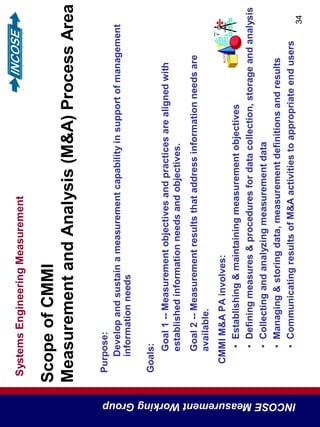 SystemsEngineeringMeasurement
INCOSEMeasurementWorkingGroup
34
ScopeofCMMI
MeasurementandAnalysis(M&A)ProcessArea
Purpose:
Developandsustainameasurementcapabilityinsupportofmanagement
informationneeds
CMMIM&APAinvolves:
•Establishing&maintainingmeasurementobjectives
•Definingmeasures&proceduresfordatacollection,storageandanalysis
•Collectingandanalyzingmeasurementdata
•Managing&storingdata,measurementdefinitionsandresults
•CommunicatingresultsofM&Aactivitiestoappropriateendusers
Goals:
Goal1--Measurementobjectivesandpracticesarealignedwith
establishedinformationneedsandobjectives.
Goal2--Measurementresultsthataddressinformationneedsare
available.
 