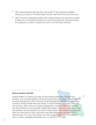 •	 35% responded that although they feel health IT has improved workflow,
staying up to date on the technology requires significant time and resources.
•	 18% of survey respondents believe the implementation and training for health
IT takes too much effort and takes too much time away from working directly
from patients, or believe it takes too much to find the right software.
About Azalea Health
Azalea Health is a leading provider of cloud-based healthcare solutions and
services. The complete Azalea solution provides Electronic Health Records (EHR),
Practice Management (PM), Revenue Cycle Management (RCM) billing services,
as well as Patient Health Records Portal, a mobile mHealth application, and pre-
cert services. With a focus on patient engagement, Azalea’s integrated solution
has the flexibility to accommodate multiple specialties of any size practice and can
immediately improve workflow as well as revenue flow. The solution also provides
tools and resources to help customers meet their Meaningful Use and ICD-10
requirements. For more information visit www.AzaleaHealth.com. To schedule a
demo, contact sales@AzaleaHealth.com, or call (877) 777-7686.
12
 