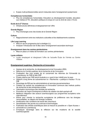 

Euipes multi-professionnelles seront instaurées dans l’enseignement postprimaire

Compétences horizontales
 Plus de compétences horizontales: Education au développement durable, éducation
aux médias et TIC, éducation politique et civique en vue du droit de vote à 16 ans
Ecole de la 2e Chance
 Infrastructures définitives et élargissement de l’offre
Grande Région
 Plus d’échanges avec des écoles de la Grande Région
Culture
 Rapprochement entre les institutions culturelles et les établissements scolaires
Life Long Learning
 Mise en œuvre progressive de la stratégie LLL
 Analyser l’introduction de l’E-Bac dans l’enseignement secondaire technique
Enseignement dans les centres pénitentiaires
 Mise en place un institut de formation aux centres pénitentiaires
Lycée militaire
 Lycée remplaçant et élargissant l’offre de l’actuelle École de l’Armée au Centre
militaire

Enseignement supérieur, Recherche et Innovation

















Assises de la recherche, du développement et de l'innovation (RDI)
Réforme du Comité supérieur de la recherche et de l’innovation
Finalisation des trois projets de loi concernant les réformes de l’Université du
Luxembourg, du FNR et des CRP
Projets retenus par FNR seront évalués e.a. quant à leur intérêt pour le pays
Objectif à long terme de subventionner la « Recherche » publique à hauteur 1% du
PIB
Davantage de RDI par les administrations et services gouvernementaux
Création de centres de compétences et d’innovation communs des instituts publics
de recherche et des entreprises privées
Valorisation économique des résultats de recherche
Promotion de l’esprit d’entreprise et efforts de création de start-ups/spin-off
Meilleure intégration des acteurs luxembourgeois aux programmes européens voire
internationaux
Efforts pour orienter la recherche européenne de préférence vers les énergies
renouvelables, au dépens de l'énergie nucléaire
Amélioration des conditions de travail des chercheurs
Sensibilisation des jeunes aux sciences et technologies
Publication des articles scientifiques dans la mesure du possible en « Open Access »
Université du Luxembourg
S’impliquer davantage dans la réflexion sur les mutations de la société
luxembourgeoise
16

 