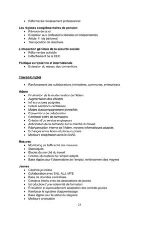 

Réforme du reclassement professionnel

Les régimes complémentaires de pension
 Révision de la loi
 Extension aux professions libérales et indépendantes
 Article 11 bis (réforme)
 Transposition de directives
L’Inspection générale de la sécurité sociale
 Réforme des activités
 Détachement de la CEO
Politique européenne et internationale
 Extension du réseau des conventions

Travail-Emploi


Renforcement des collaborations (ministères, communes, entreprises)

Adem













Finalisation de la modernisation de l’Adem
Augmentation des effectifs
Infrastructures adaptées
Cellule sanctions centralisée
Modes d’accompagnement diversifiés
Conventions de collaboration
Renforcer l’offre de formations
Création d’un service employeurs
Anticipation de la demande sur le marché du travail
Réorganisation interne de l’Adem, moyens informatiques adaptés
Echanges entre Adem et placeurs privés
Meilleure coopération avec le SNAS

Mesures
 Monitoring de l’efficacité des mesures
 Statistiques
 Études du marché du travail
 Contenu du bulletin de l’emploi adapté
 Base légale pour l’observatoire de l’emploi, renforcement des moyens
Jeunes
 Garantie jeunesse
 Collaboration avec SNJ, ALJ, MTE
 Base de données centralisée
 Contacts étroits avec les associations de jeunes
 Introduction d’une indemnité de formation
 Évaluation et éventuellement adaptation des contrats jeunes
 Renforcer le système d’apprentissage
 Base légale pour le statut du stagiaire
 Meilleure orientation
23

 