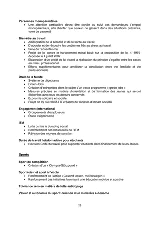 Personnes monoparentales
 Une attention particulière devra être portée au suivi des demandeurs d’emploi
monoparentaux, afin d’éviter que ceux-ci ne glissent dans des situations précaires,
voire de pauvreté
Bien-être au travail
 Amélioration de la sécurité et de la santé au travail
 D’aborder et de résoudre les problèmes liés au stress au travail
 Suivi de l’absentéisme
 Projet de loi contre le harcèlement moral basé sur la proposition de loi n° 4979
déposée le 4 juillet 2002
 Elaboration d’un projet de loi visant la réalisation du principe d’égalité entre les sexes
en milieu professionnel
 Efforts supplémentaires pour améliorer la conciliation entre vie familiale et vie
professionnelle
Droit de la faillite
 Système de clignotants
 Green Jobs
 Création d’entreprises dans le cadre d’un vaste programme « green jobs »
 Mesures précises en matière d’orientation et de formation des jeunes qui seront
élaborées avec tous les acteurs concernés
 Economie solidaire et sociale
 Projet de loi qui relatif à la création de sociétés d’impact sociétal
Engagement international
 Groupements d’employeurs
 Étude d’opportunité
ITM




Lutte contre le dumping social
Renforcement des ressources de l’ITM
Révision des moyens de sanction

Durée de travail hebdomadaire pour étudiants
 Révision Code du travail pour supporter étudiants dans financement de leurs études

Sports
Sport de compétition
 Création d’un « Olympia-Stützpunkt »
Sport-loisir et sport à l’école
 Renforcement de l’action »Gesond iessen, méi bewegen »
 Renforcement des initiatives favorisant une éducation motrice et sportive
Tolérance zéro en matière de lutte antidopage
Valeur et autonomie du sport: création d’un ministère autonome

25

 