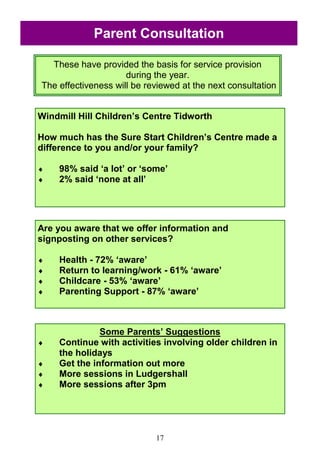 17
Parent Consultation
Windmill Hill Children‘s Centre Tidworth
How much has the Sure Start Children‘s Centre made a
difference to you and/or your family?
 98% said ‗a lot‘ or ‗some‘
 2% said ‗none at all‘
Are you aware that we offer information and
signposting on other services?
 Health - 72% ‗aware‘
 Return to learning/work - 61% ‗aware‘
 Childcare - 53% ‗aware‘
 Parenting Support - 87% ‗aware‘
Some Parents‘ Suggestions
 Continue with activities involving older children in
the holidays
 Get the information out more
 More sessions in Ludgershall
 More sessions after 3pm
These have provided the basis for service provision
during the year.
The effectiveness will be reviewed at the next consultation
 