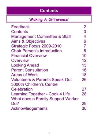 3
Contents
Feedback 2
Contents 3
Management Committee & Staff 4
Aims & Objectives 6
Strategic Focus 2009-2010 7
Chair Person‘s Introduction 8
Financial Overview 10
Overview 12
Looking Ahead 15
Parent Consultation 16
Areas of Work 18
Volunteers & Parents Speak Out 26
3000th Children‘s Centre
Celebration 27
Learning Together - Cook 4 Life 28
What does a Family Support Worker
Do? 29
Acknowledgements 30
‘Making A Difference’
 