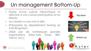 2 Un management Bottom-Up
• Passer d’une culture hiérarchique et
directive à une culture participative et en
réseau;
• Le « terrain » a son mot à dire;
• Philosophie du département Nursing au
CHU Brugmann
• Utilisé par de nombreuses grandes
organisations (New-York Times, IBM,
Yahoo, etc.).
Top-down
Bottom-up
 