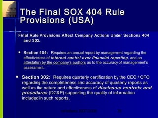 InHolland 2007/2008 28
The Final SOX 404 RuleThe Final SOX 404 Rule
Provisions (USA)Provisions (USA)
 Section 302:Section 302: Requires quarterly certification by the CEO / CFORequires quarterly certification by the CEO / CFO
regarding the completeness and accuracy of quarterly reports asregarding the completeness and accuracy of quarterly reports as
well as the nature and effectiveness ofwell as the nature and effectiveness of disclosure controls anddisclosure controls and
proceduresprocedures (DC&P) supporting the quality of information(DC&P) supporting the quality of information
included in such reports.included in such reports.
Final Rule Provisions Affect Company Actions Under Sections 404Final Rule Provisions Affect Company Actions Under Sections 404
and 302.and 302.
 Section 404:Section 404: Requires an annual report by management regarding theRequires an annual report by management regarding the
effectiveness ofeffectiveness of internal control over financial reportinginternal control over financial reporting ,, and anand an
attestation by the company’s auditorsattestation by the company’s auditors as to the accuracy of management’sas to the accuracy of management’s
assessment.assessment.
 