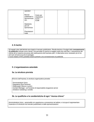 operatori
Banner
pubblicitari e
sponsorizzaz
ioni
Statistiche
per chi
sponsorizza
Prenotazioni
hotel
Costo per
impression
0,015 –
0,036
4. Il rischio
Gli aspetti critici dell’attività sono legati al mercato pubblicitario. Risulta decisivo il budget della concessionaria
di pubblicità indicata come cliente, che permette di coprire la maggior parte dei costi fissi. L’acquisizione del
cliente dà la massima sicurezza alla realizzazione del business plan. In alternativa sono necessari più di tre
anni per arrivare al punto di pareggio.
Il socio ideale al 45% potrebbe essere pertanto una concessionaria di pubblicità.
5. L’organizzazione aziendale
5a. La struttura prevista
All’avvio dell’impresa, la struttura organizzativa prevede:
- Amministratore Unico
- Segreteria (Due Persone)
- Webmaster (Senior e junior)
- Content Manager con funzione di responsabile erogazione servizi
- Direttore marketing e vendite
5b. Le qualifiche e le caratteristiche di ogni “risorsa chiave”
Amministratore Unico: personalità con esperienza e conoscenze nel settore, si occupa di rappresentare
l’azienda e di introdurla nel mercato pubblicitario e delle sponsorizzazioni.
11
 