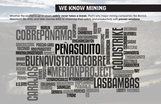 Whether the market is up or down, safety never takes a break. That’s why major mining companies like Barrick,
Newmont, Rio Tinto, and Vale choose AFEX to maximize their safety and productivity with proven solutions.
WE KNOW MINING
 