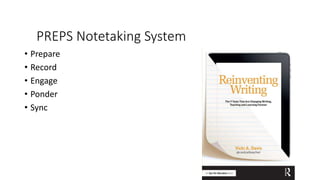 PREPS Notetaking System
• Prepare
• Record
• Engage
• Ponder
• Sync
 