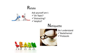Relate
Ask yourself am I:
 On Topic?
 Distracting?
 Helpful?
Netiquette
Do I understand
 Backchannel
 Protocols
 