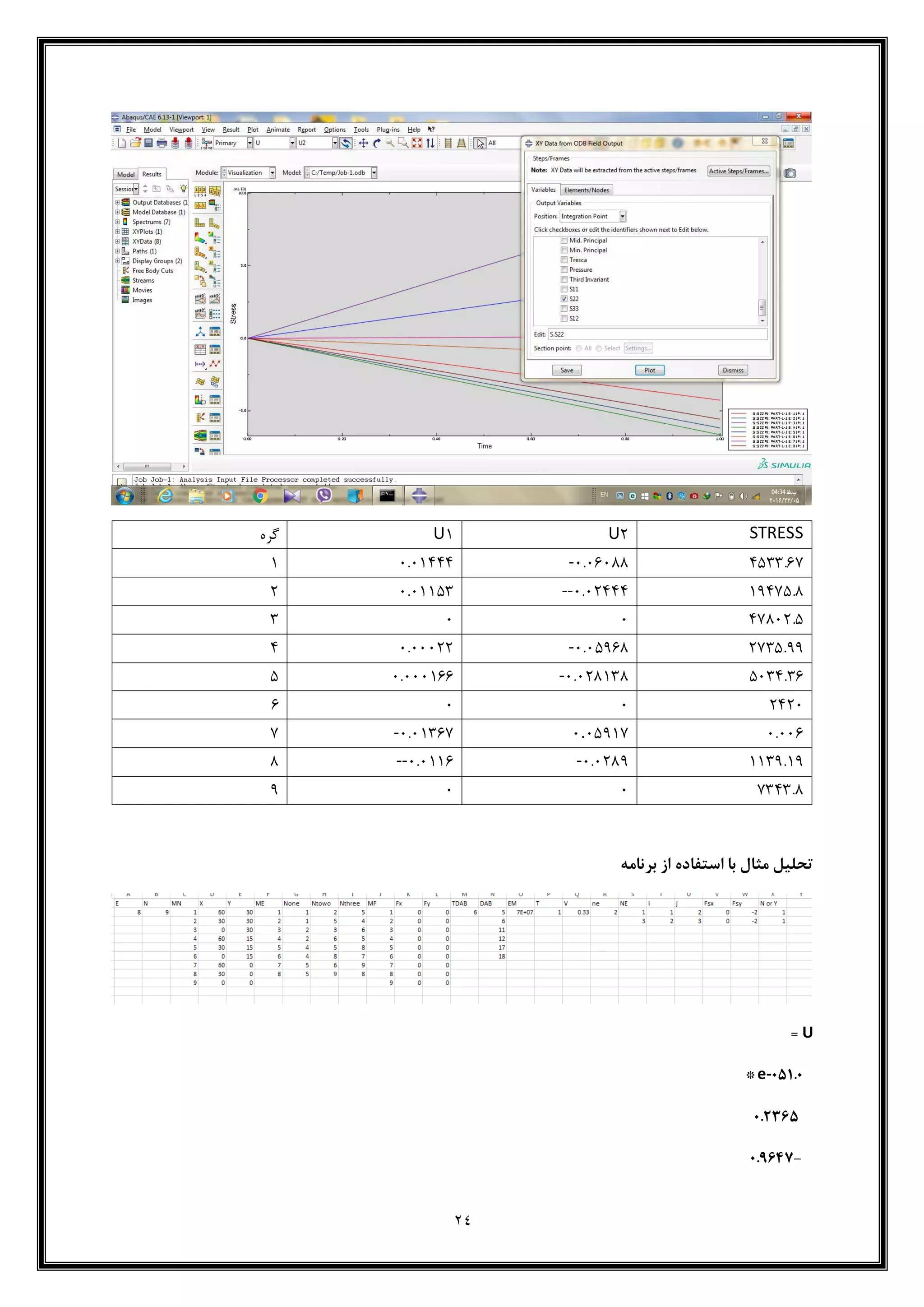 24
STRESSU1U1‫گره‬
0933.67-4.464994.410001
18079.9--4.410004.411931
07941.9443
1739.88-4.498694.444110
9430.36-4.4191394.4441669
1014446
4.4464.49817-4.413677
1138.18-4.4198--4.41169
7303.9448
‫برنامه‬ ‫از‬ ‫استفاده‬ ‫با‬ ‫مثال‬ ‫تحلیل‬
U=
160e-05*
0623.5
-060.42
 